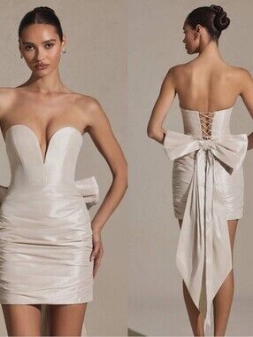 Oh Polly Viviana corset mini dress with bow back in ivory